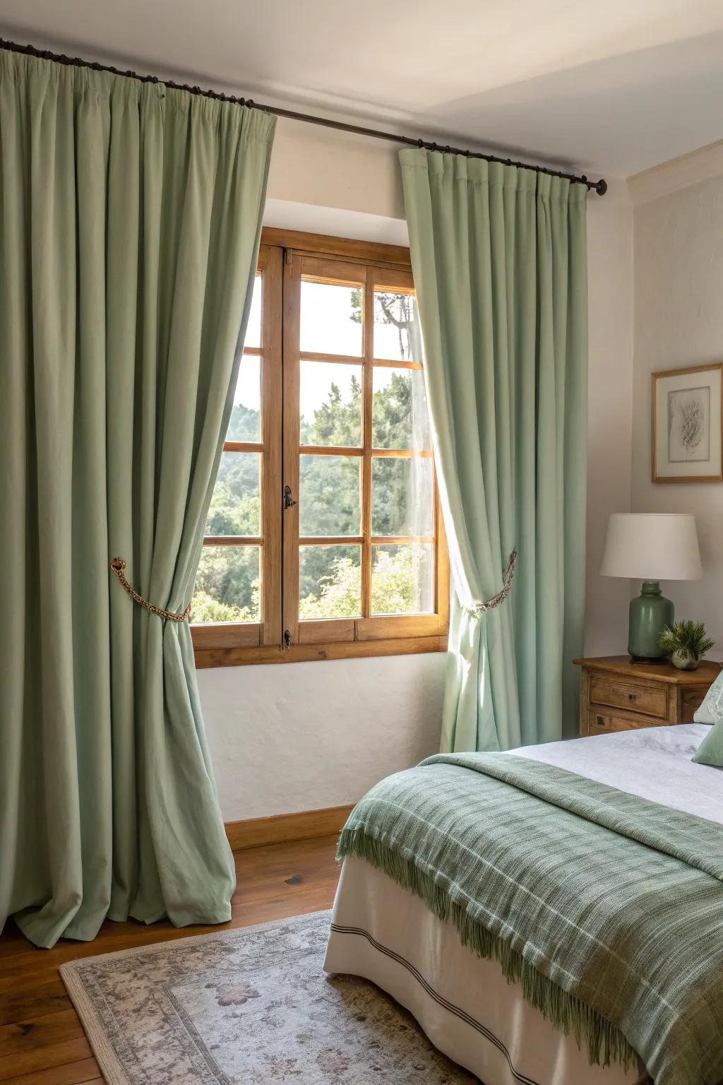 With gentle green curtains, you can add a touch of softness.