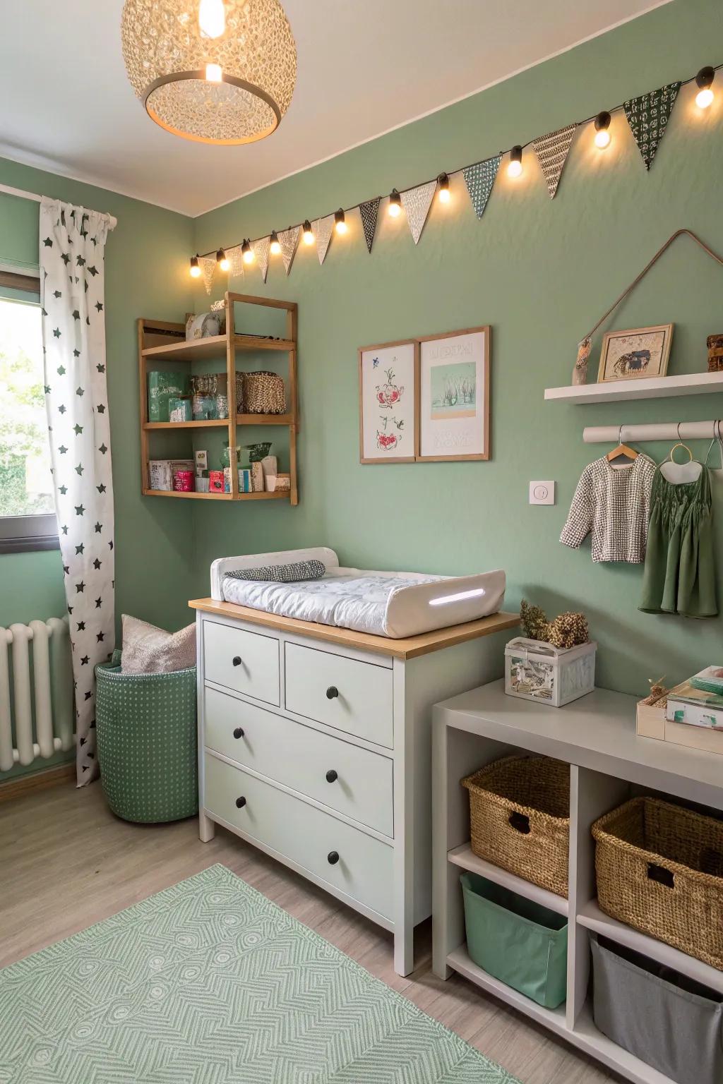 A stylish changing area integrates function and aesthetics in a verdant mist nursery.