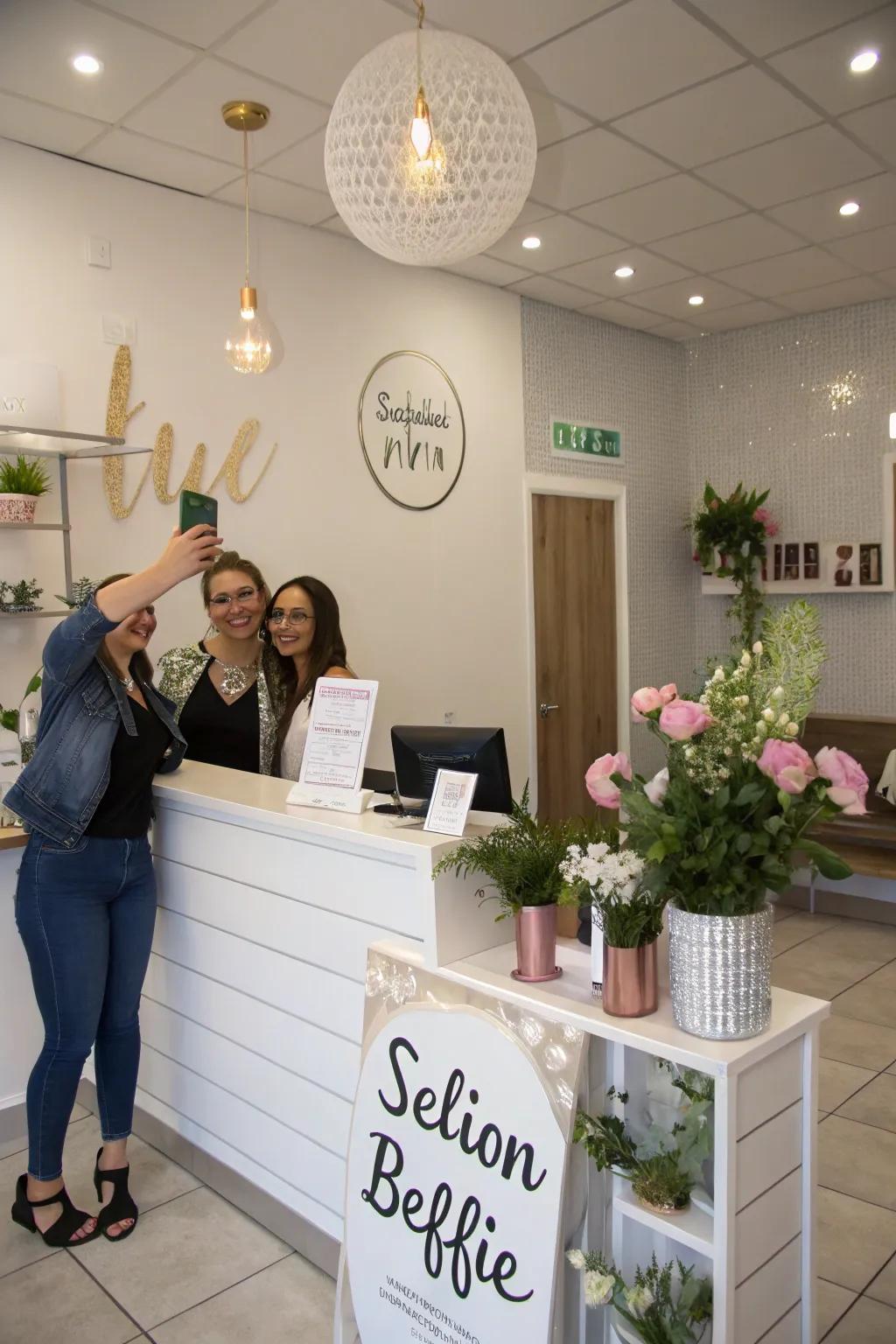 A salon reception with a stylish photo spot for client engagement.