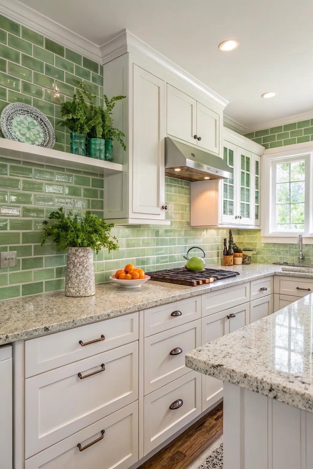 Soft green hues bring a fresh vibe to Golden Cascade granite.