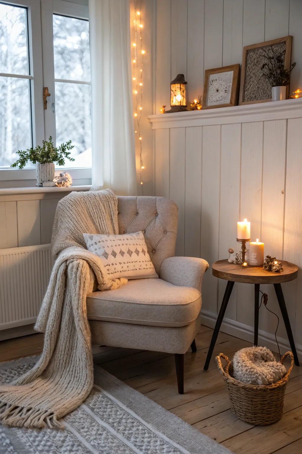 A hygge-inspired nook invites relaxation in this Scandinavian home.