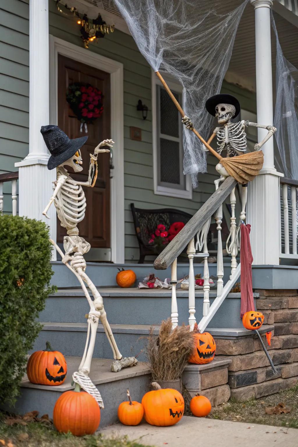 Animated skeletons bring humor to the spooky deck arrangement.