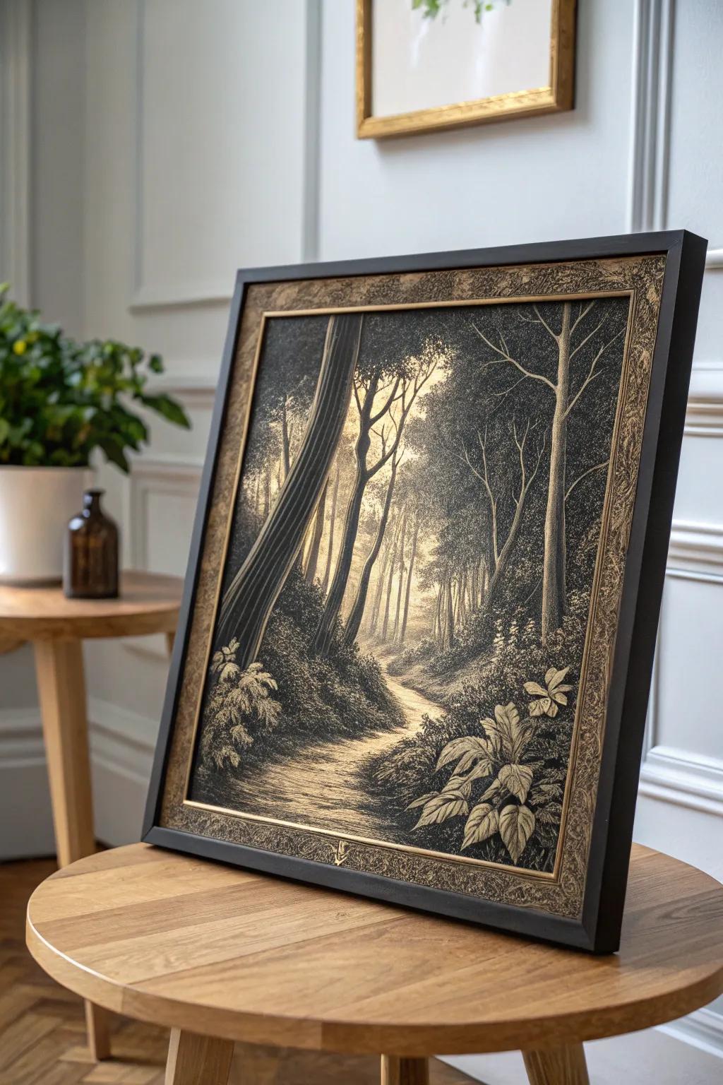 Discover the serene beauty of the woods through the art of scratchboarding.