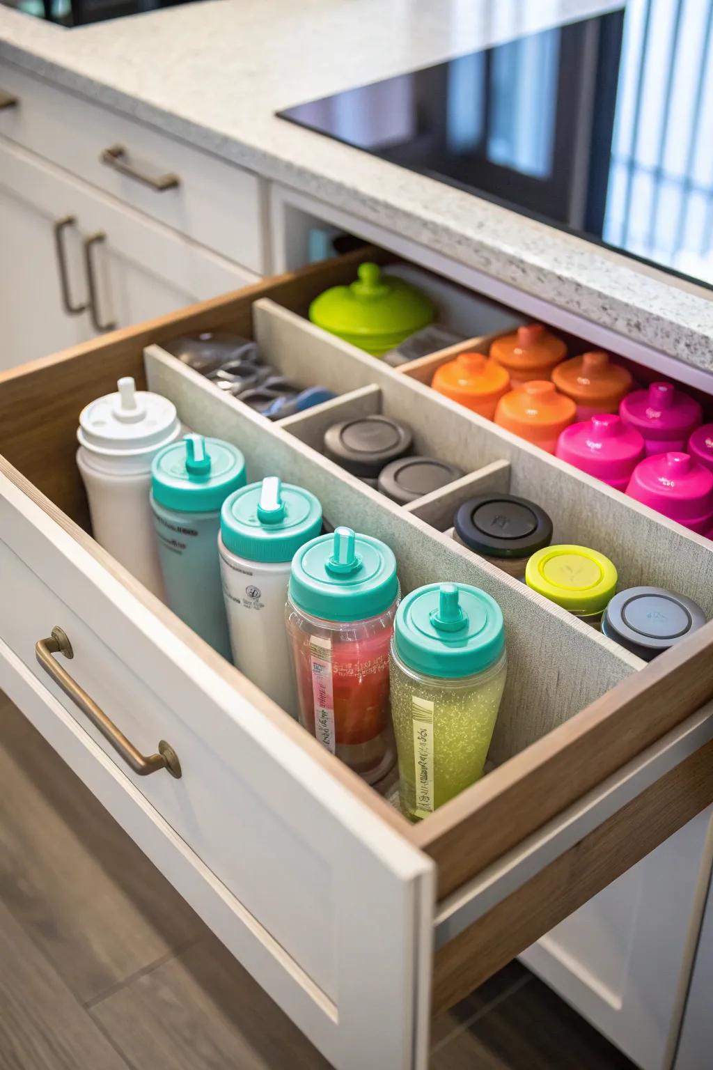 Custom drawer dividers provide an organized space for mixing containers.