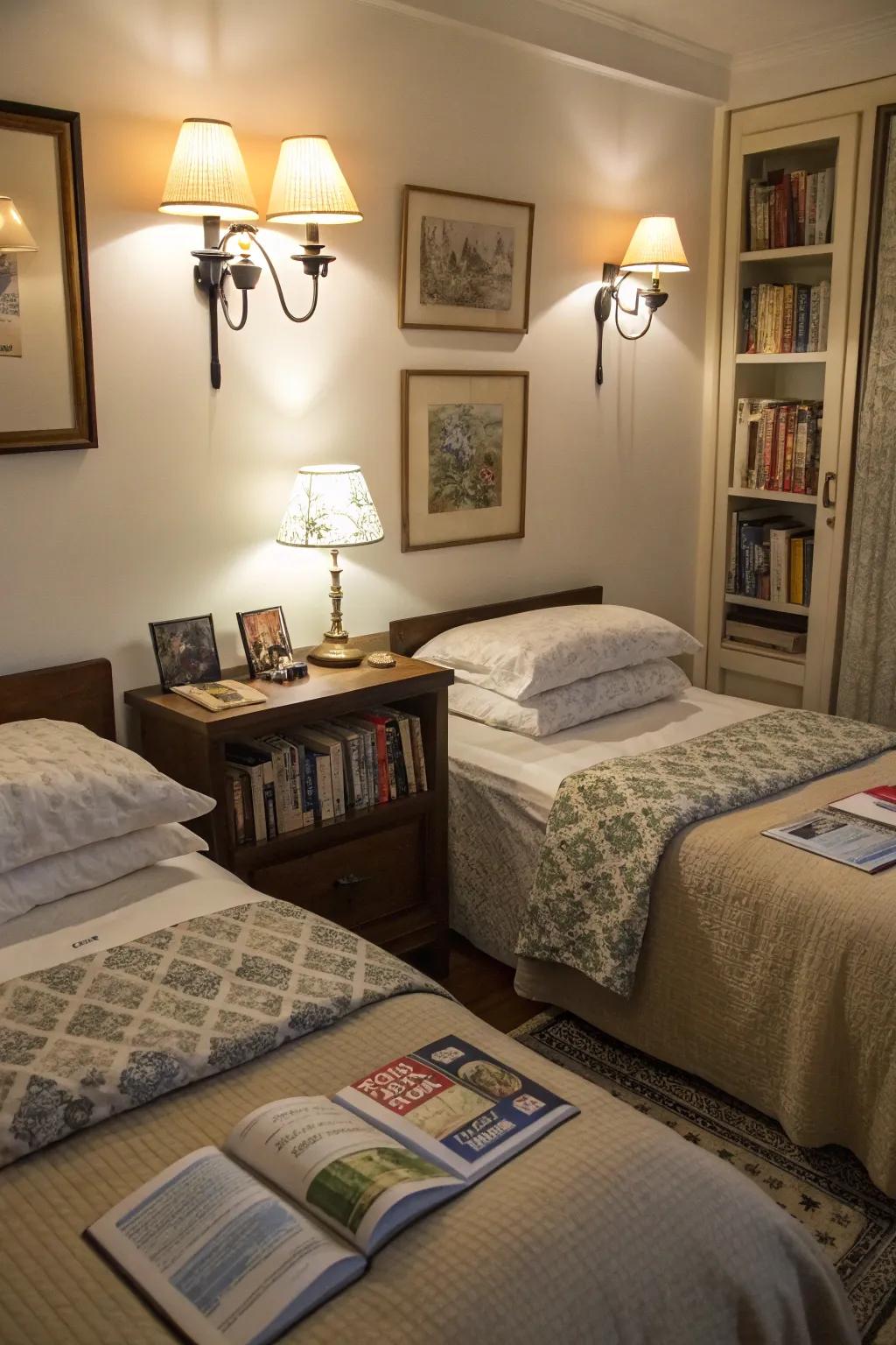 Wall-attached lamps provide personal lighting for bedtime stories.