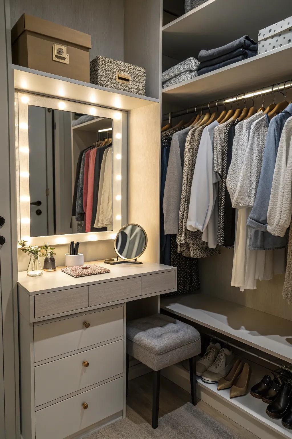 A small portion of a closet converted into a compact grooming station.