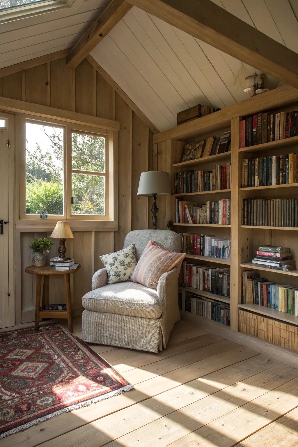 A dedicated reading nook turns your shed bedroom into a safe place for book lovers.