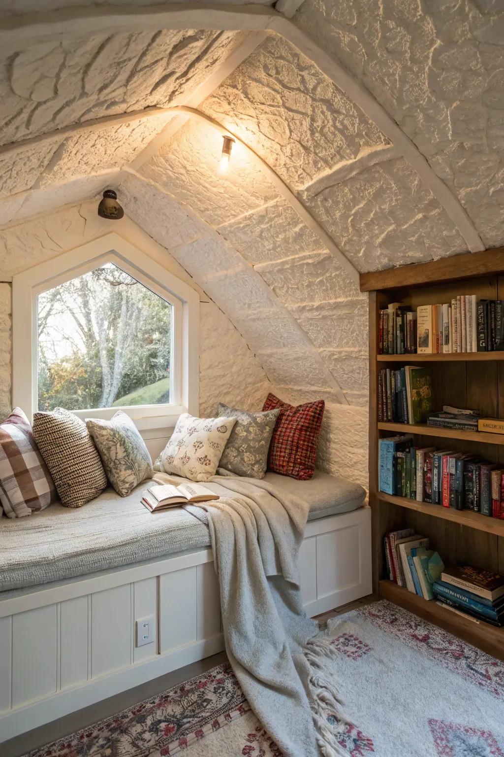 A textured plaster ceiling contributes solace to a reading alcove.