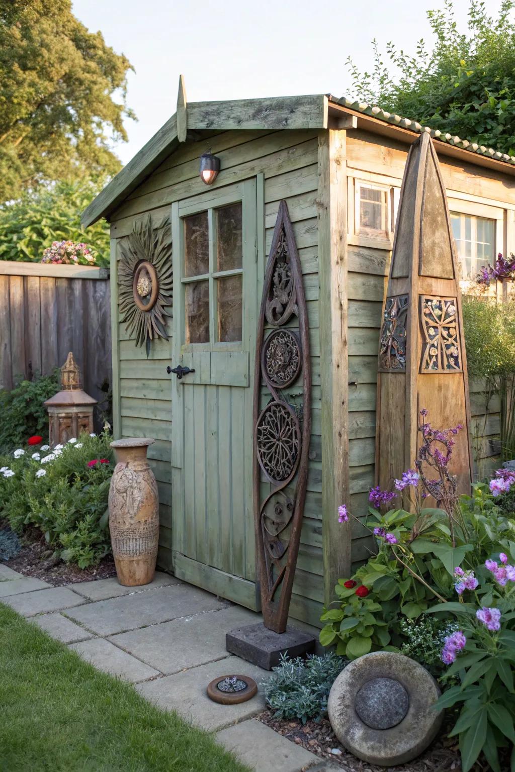 A garden shed highlighted with distinctive outdoor artistry.