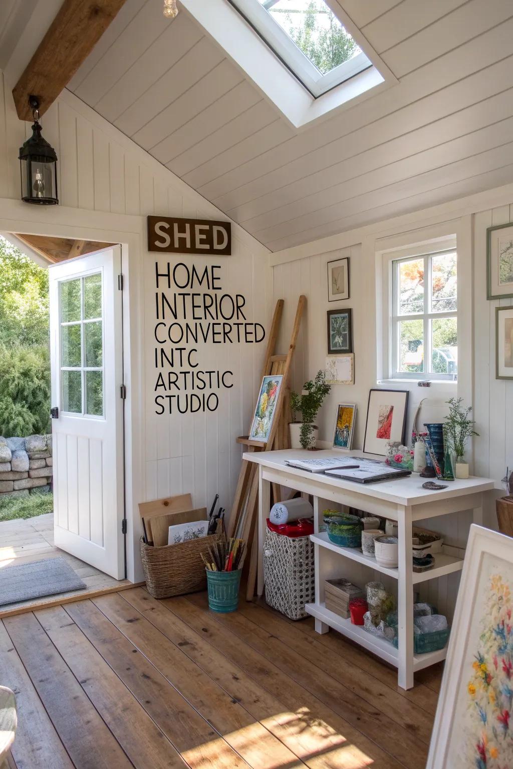 A garden shed home interior transformed into an art studio retreat.