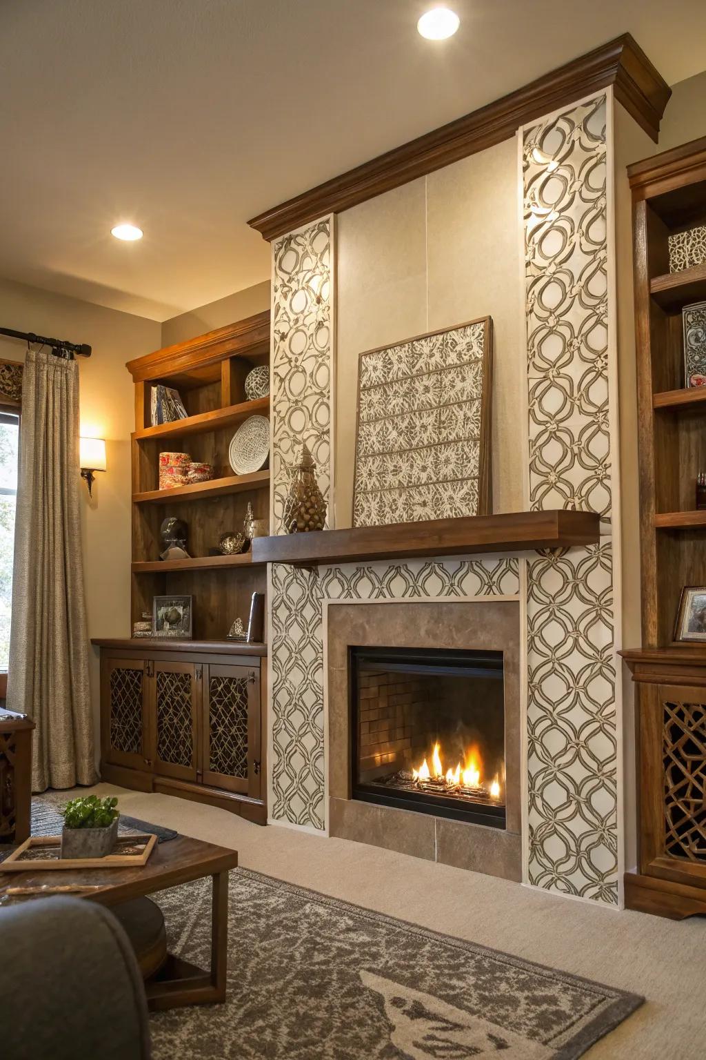 Symmetric layouts on the shelves introduce a modern edge.