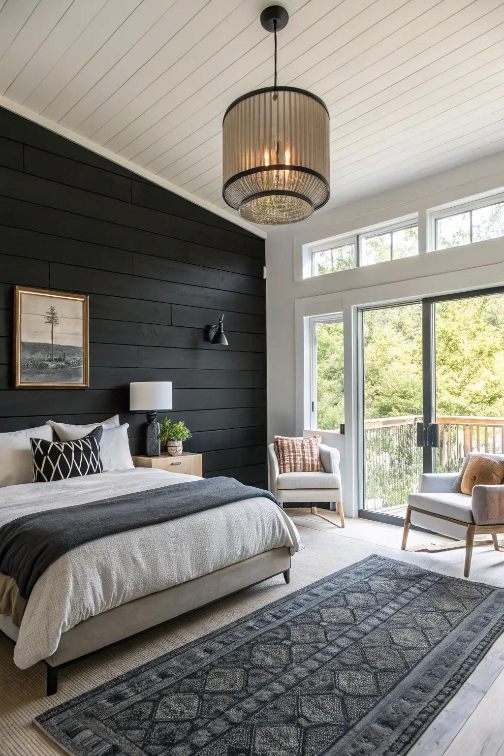 A black shiplap wall presents drama and sophistication.