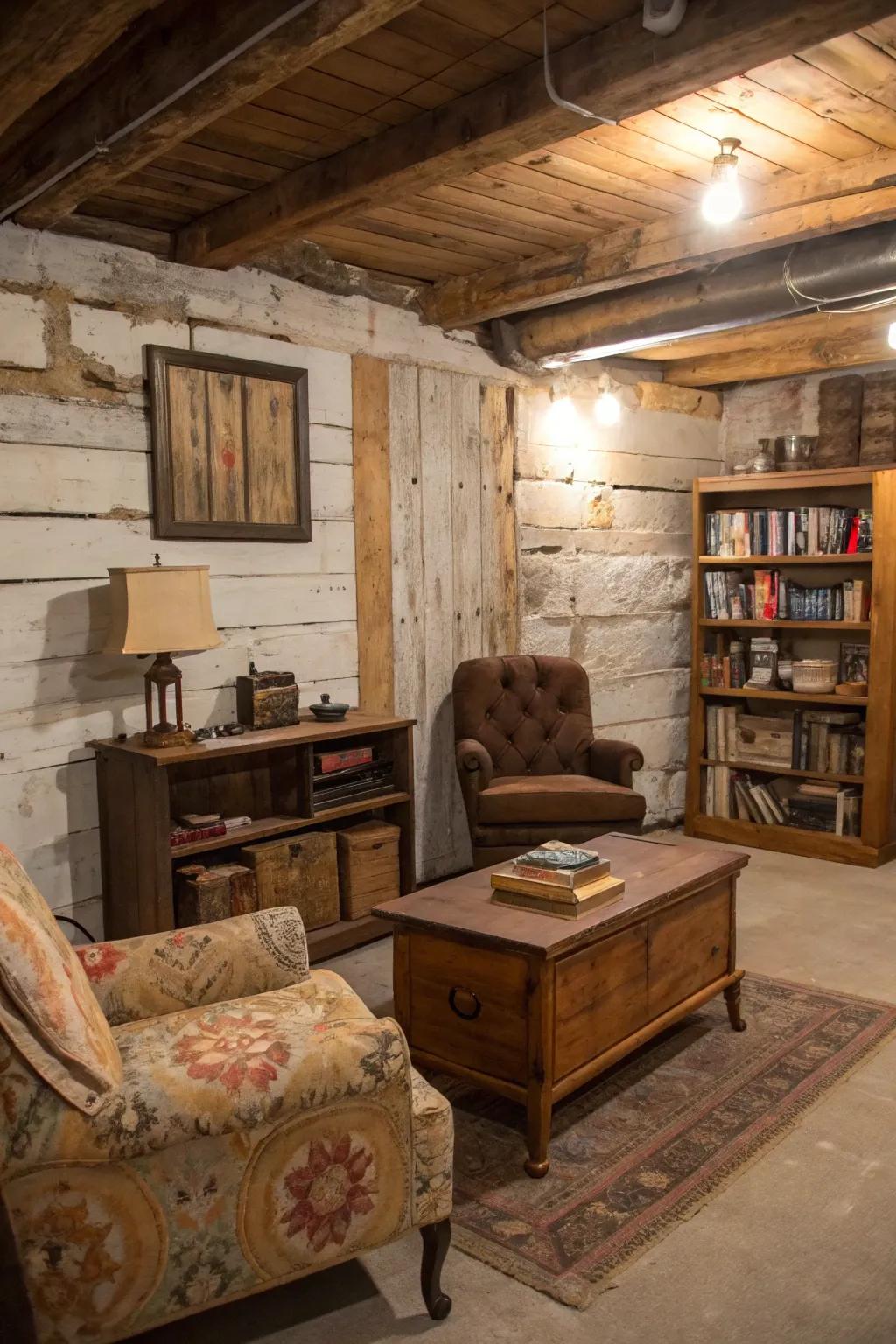 A vintage-inspired basement showcasing worn grooveboard walls.