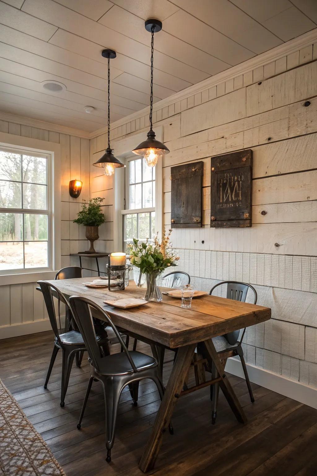 A dining room that mixes various styles and shiplap walls.