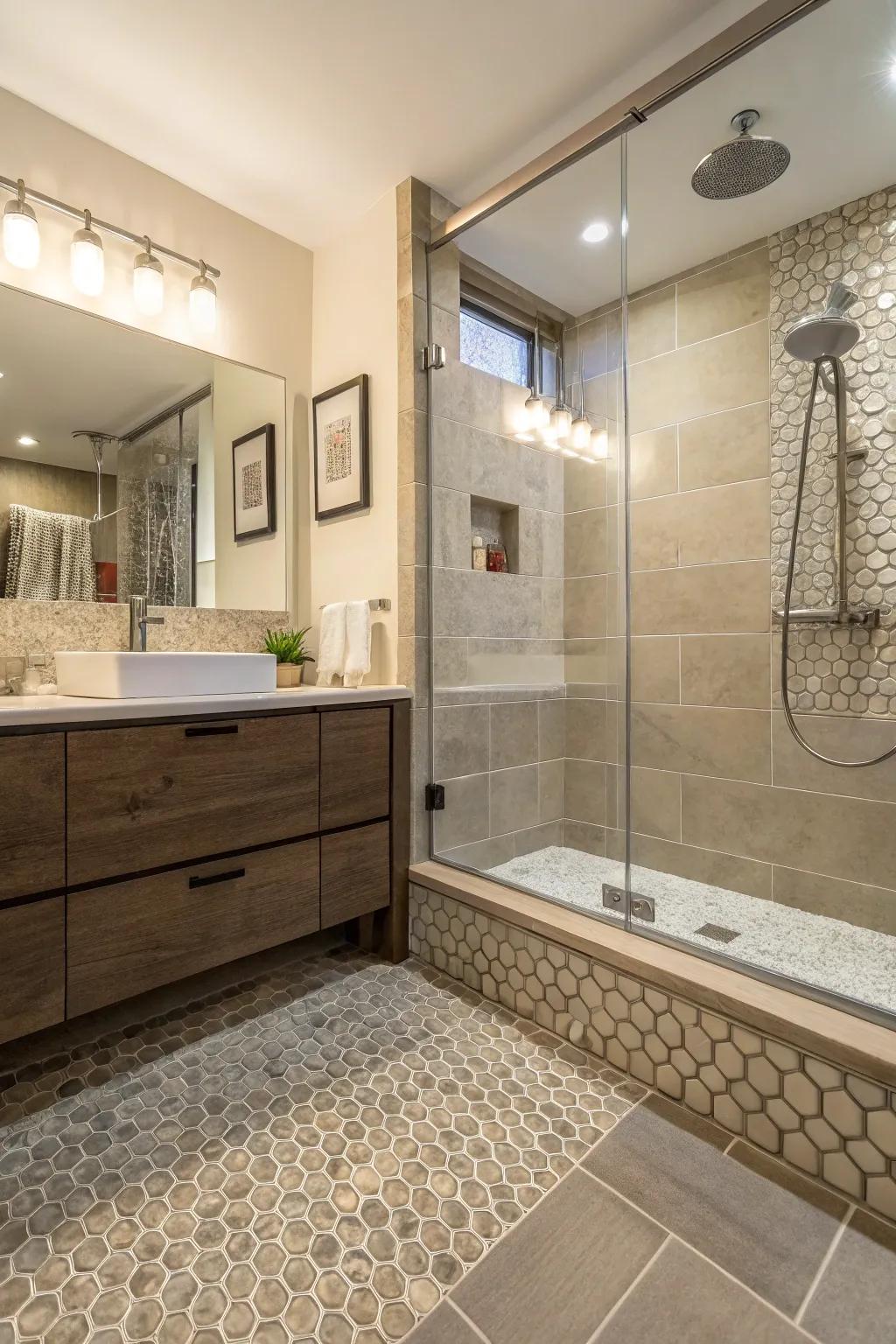 Textured slabs provide dimension and intrigue to the shower area.