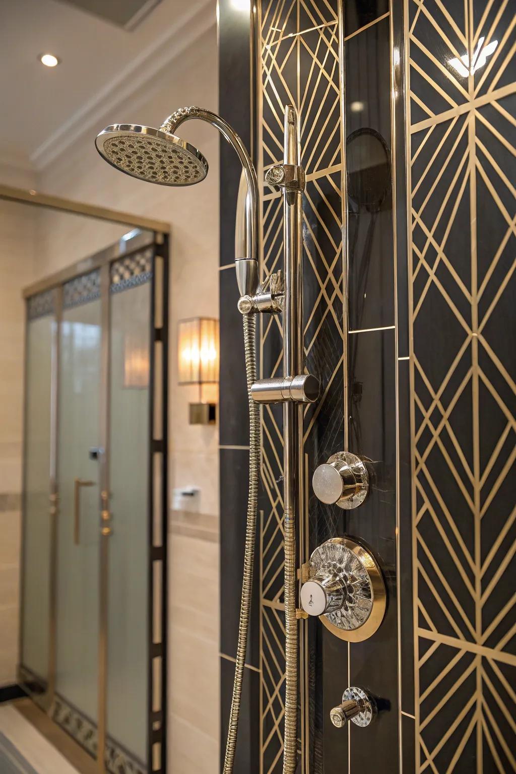 A shower with Art Deco-inspired geometric patterns and metallic finishes.
