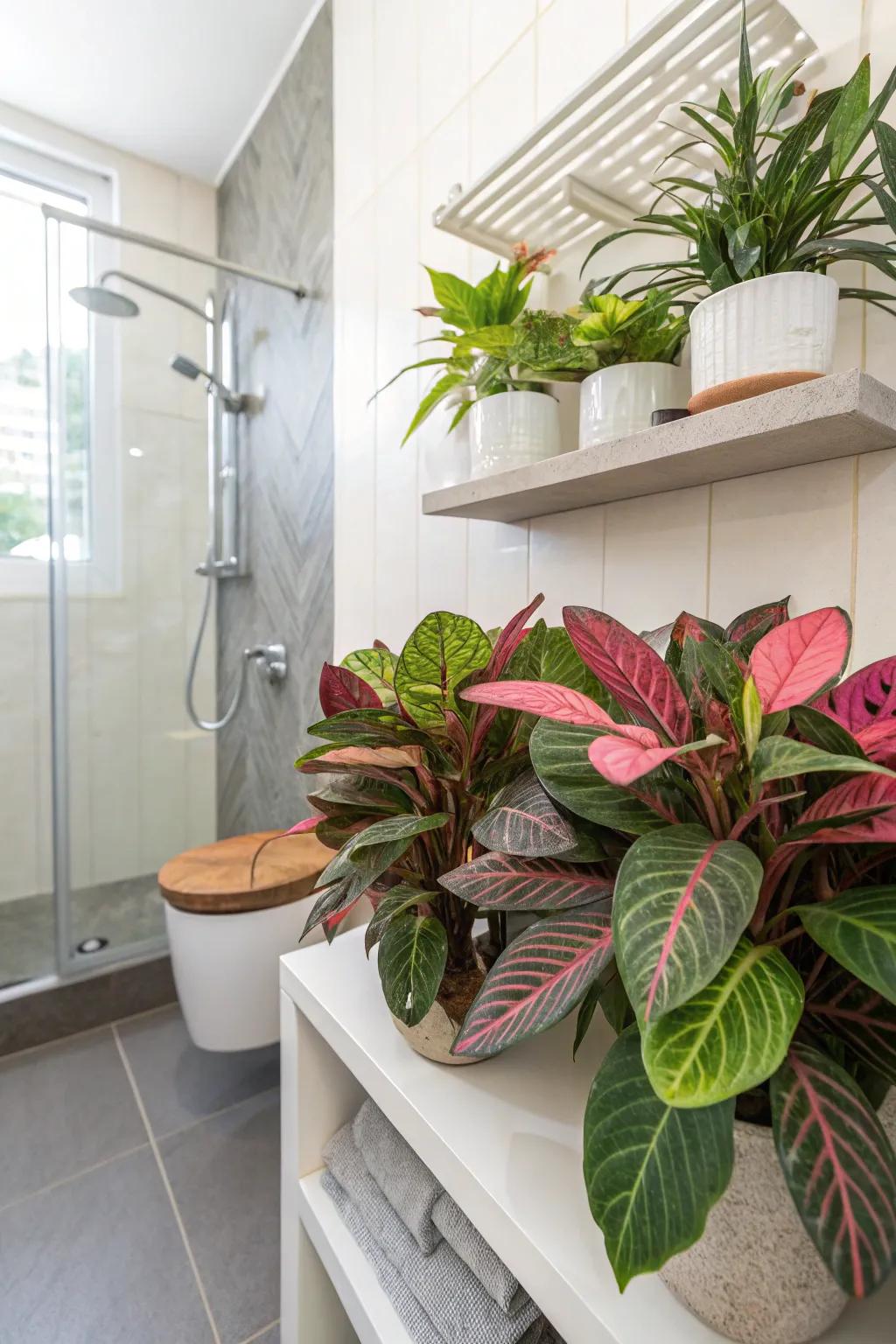Calatheas contribute a burst of hue through their vibrant foliage.