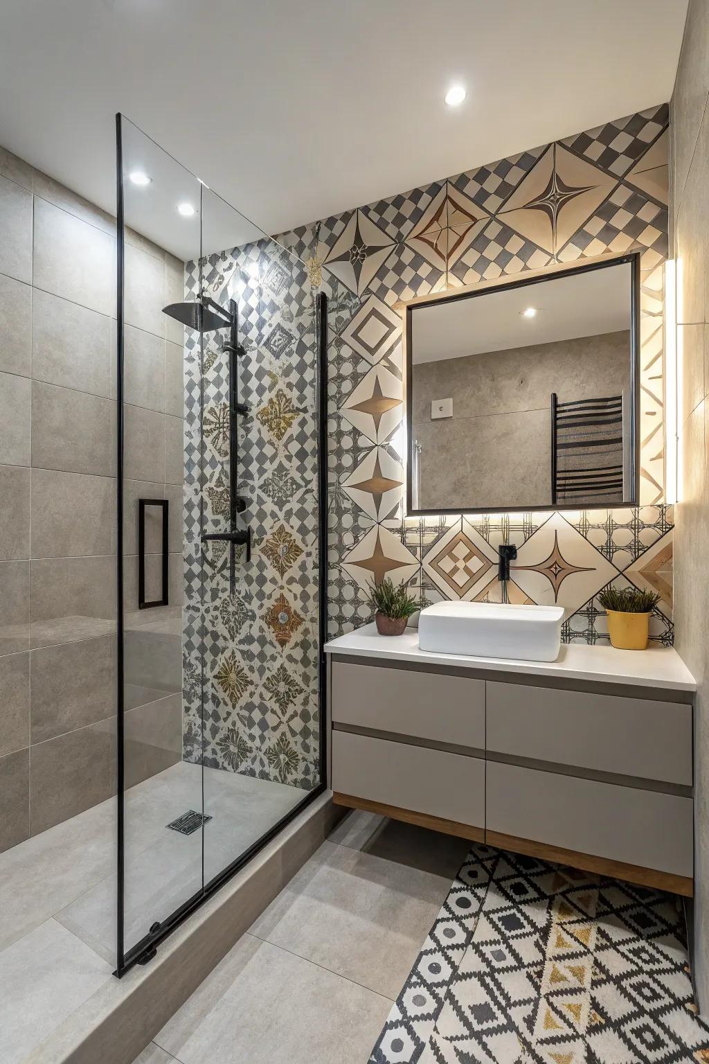 Geometric designs contribute a contemporary flair to the restroom.