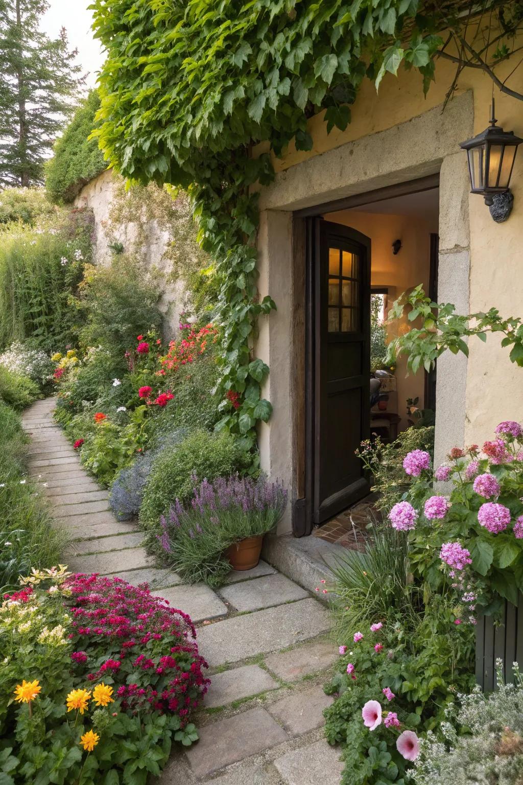 A mini garden adding vibrant life to the side entrance.
