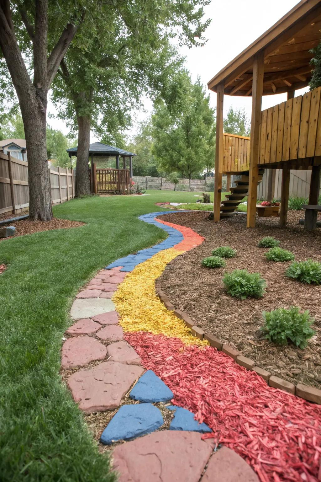 Vibrant wood shavings easily brighten up your side yard.