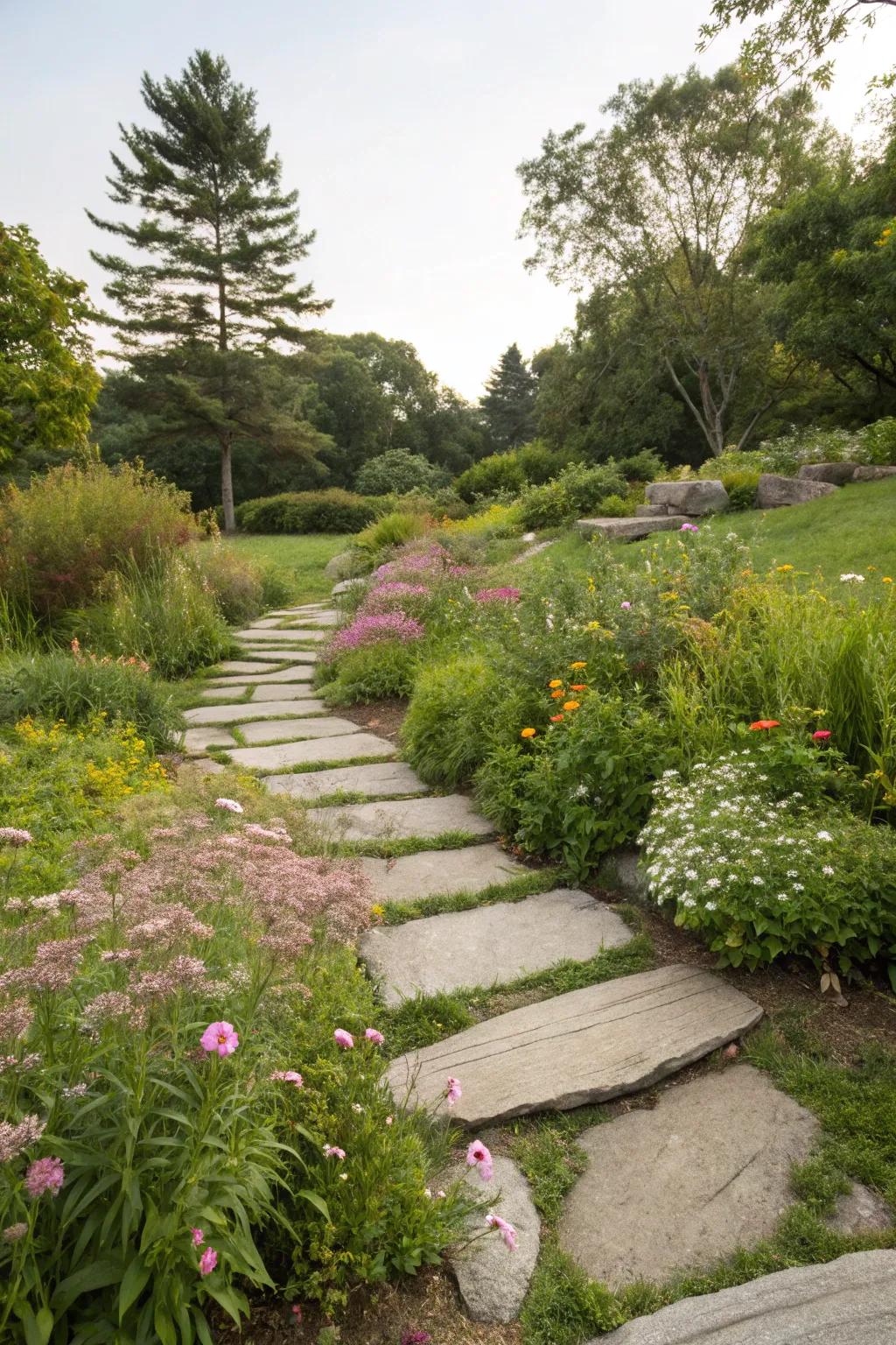 Stepping stones fashion a cheerful and informal path.