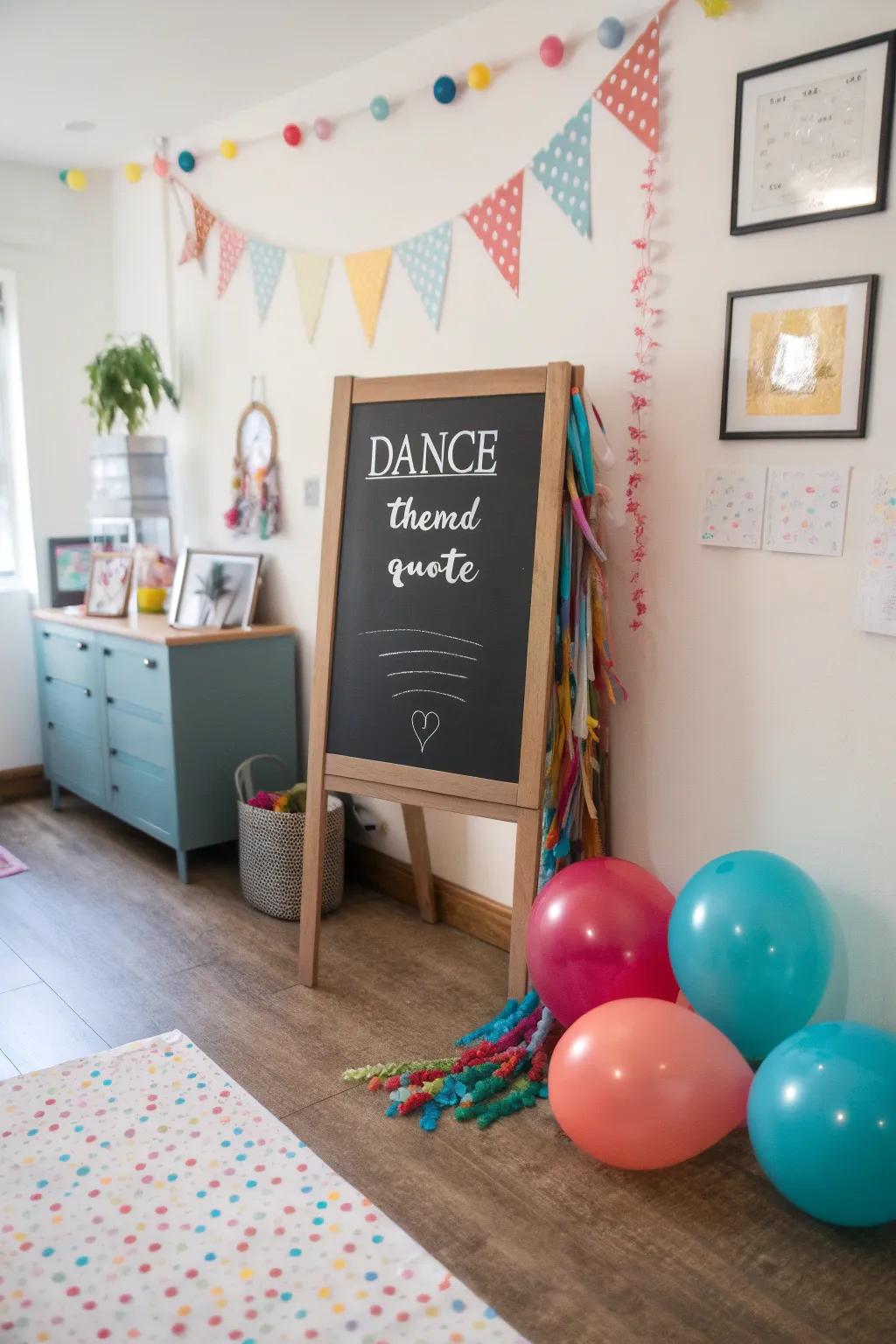 A playful room chalkboard featuring a dance-themed quote.