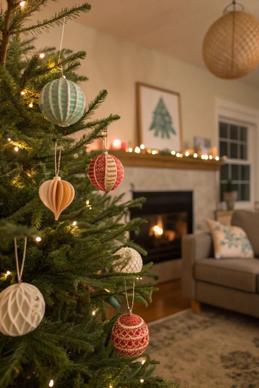 Crafty appeal through handmade paper ornaments.