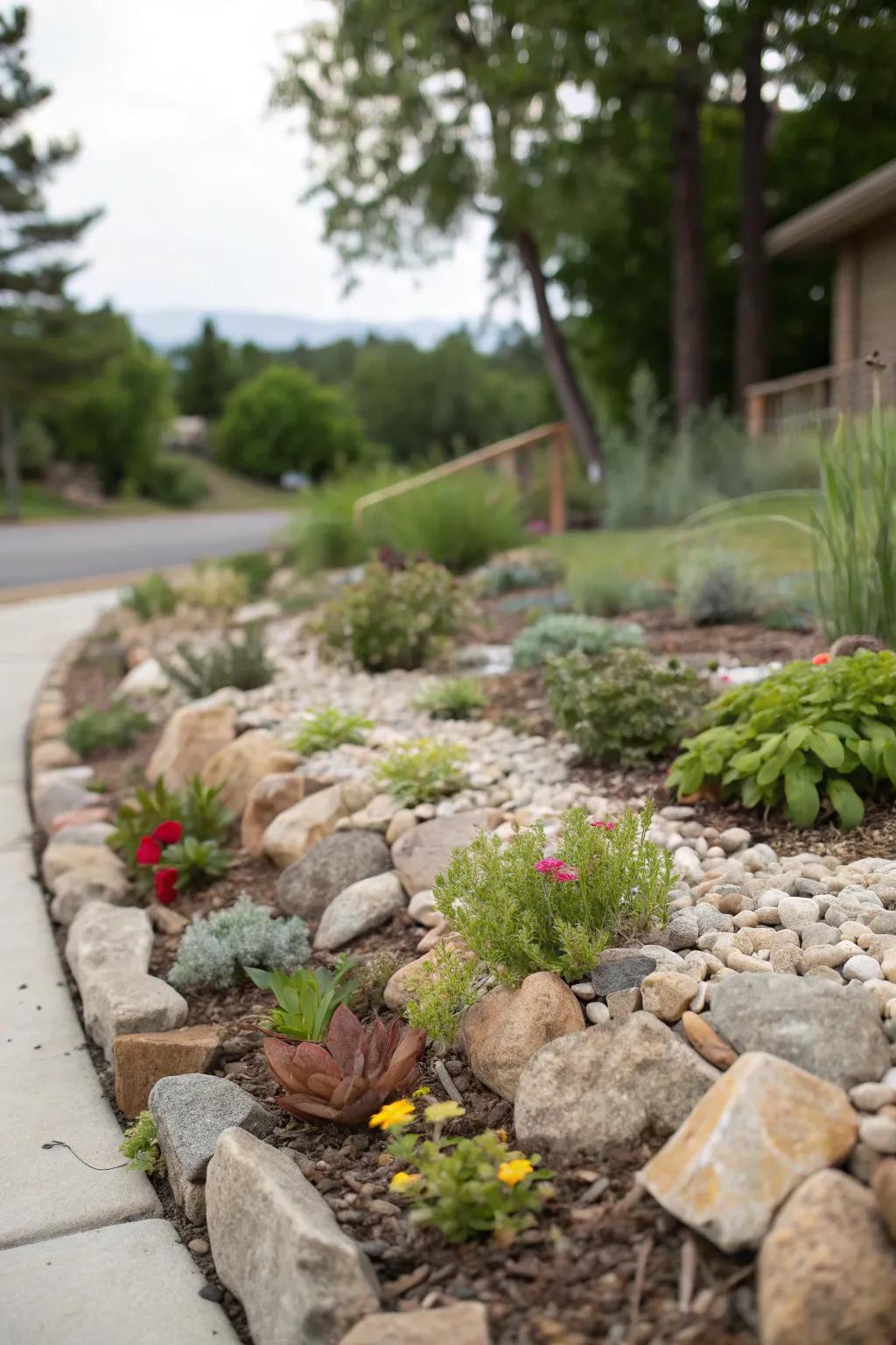 Rock mulch delivers a low-upkeep option for garden beds.