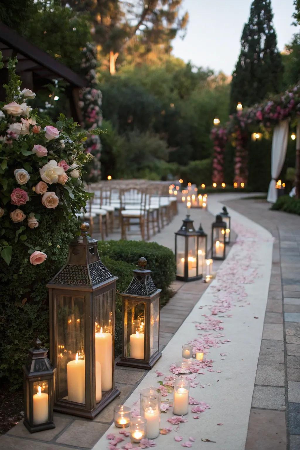 Light sources lining walkways create a romantic and magical atmosphere.