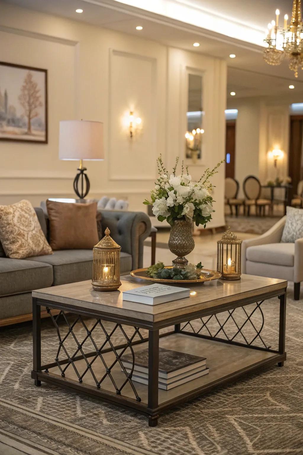 A coffee table serves as the sitting area's anchor.