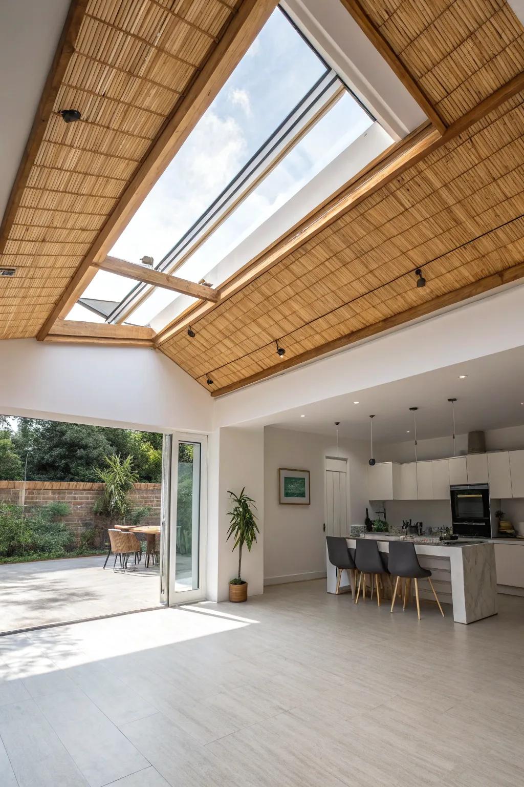A studio using a skylight featuring green bamboo trim.
