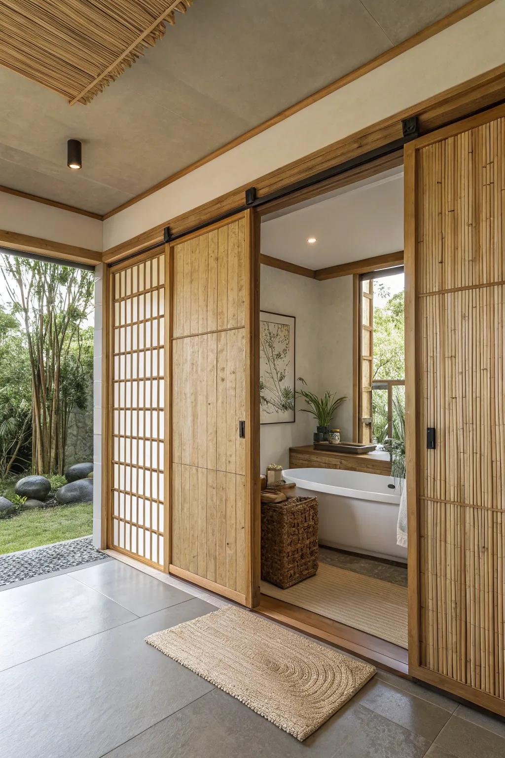 Bamboo sliding doors add a tranquil, spa-like feel to this bathroom.