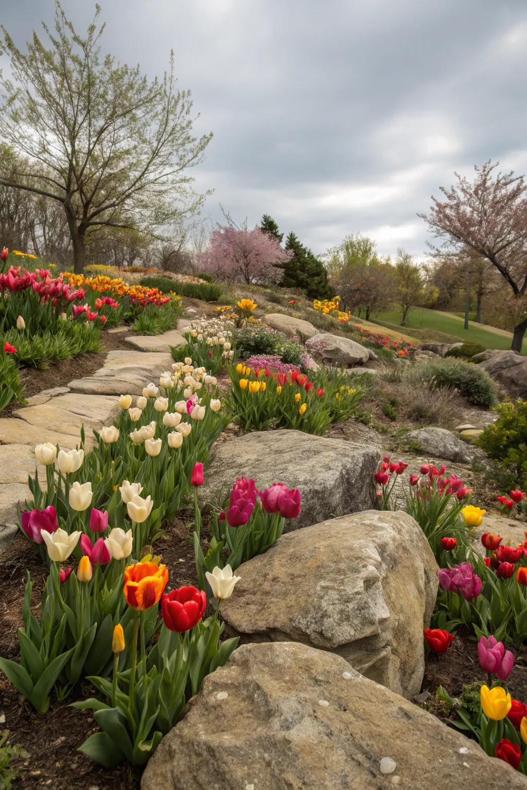 Seasonal flowers bring vibrant color to the garden.