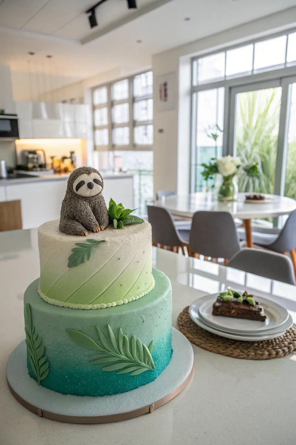 An ombre effect adds depth to the sloth cake.