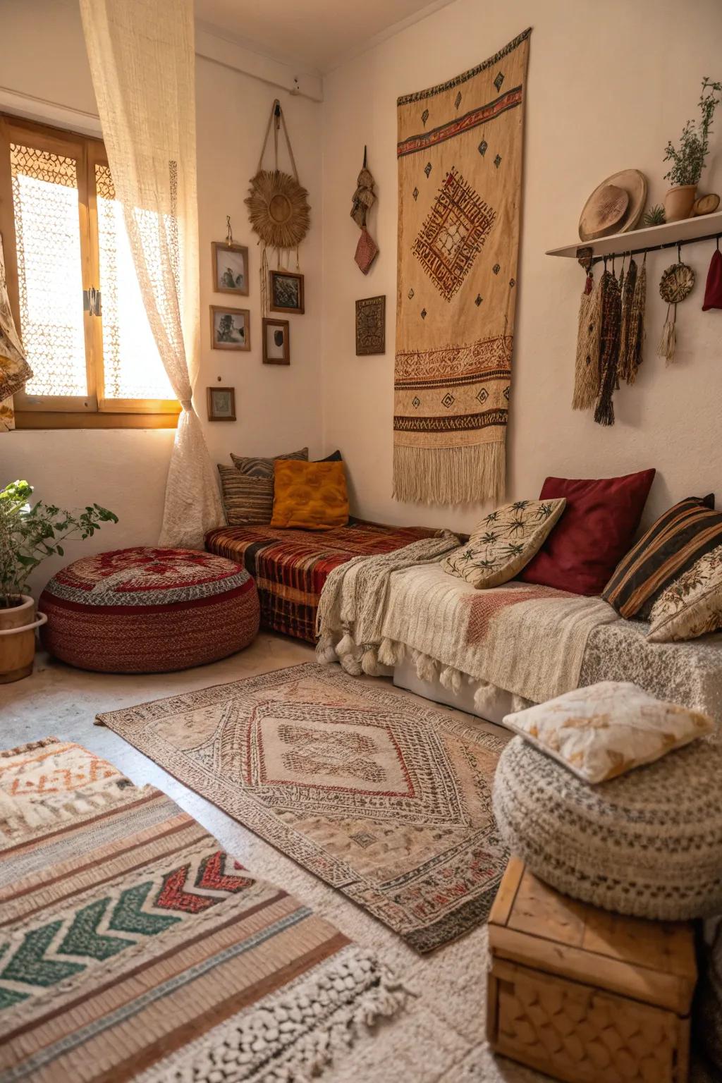 Mixed textures create depth and coziness in a compact space.