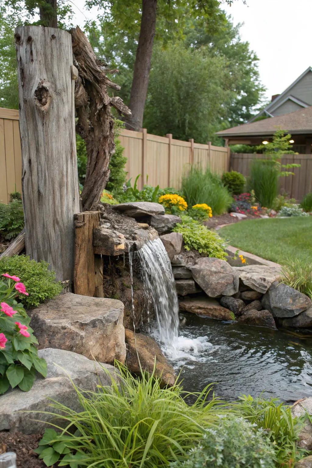 A coastal wood waterfall conveys organic charm and a coastal sensation.