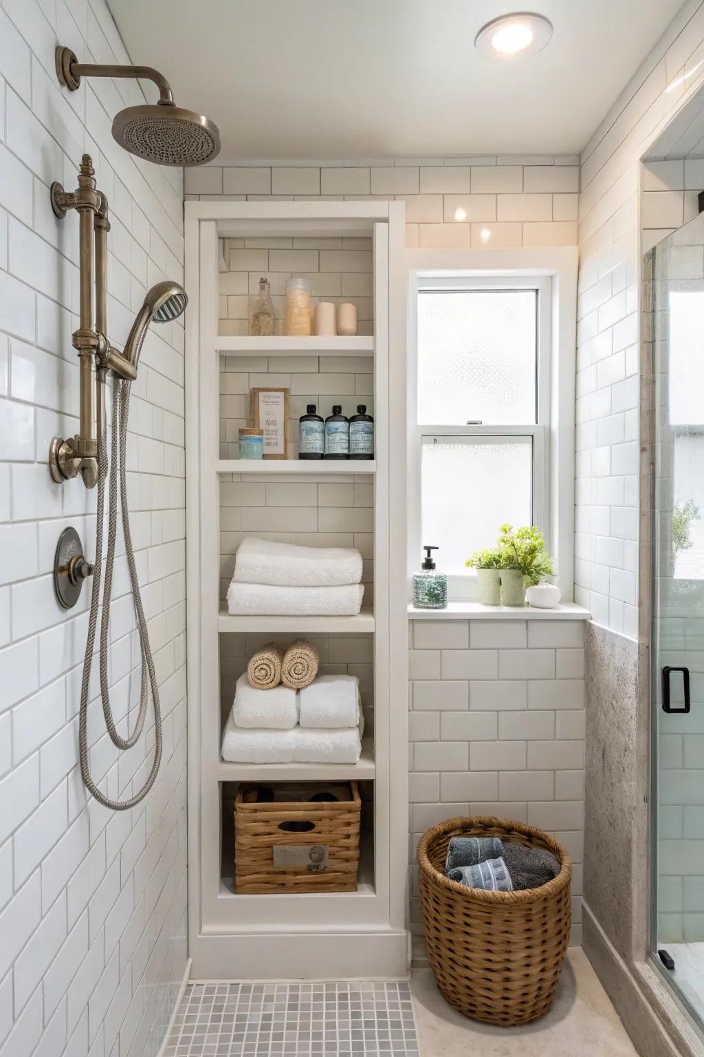 Shower recesses offer refined storage for toiletries.