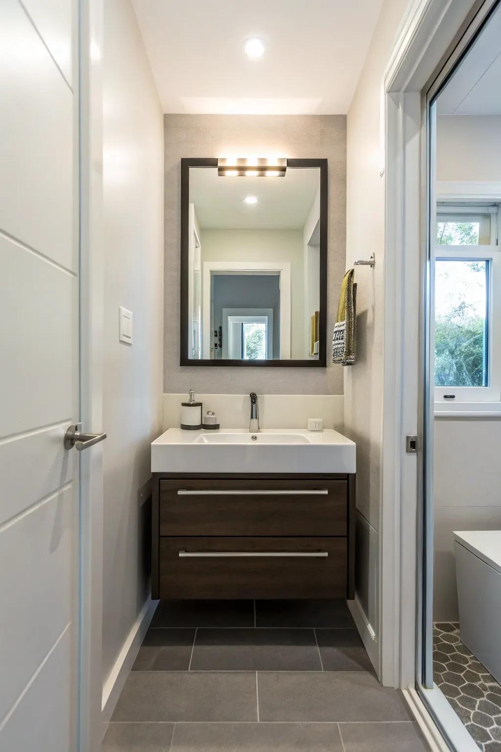 A mounted vanity that saves space and introduces a modern touch to a small restroom.
