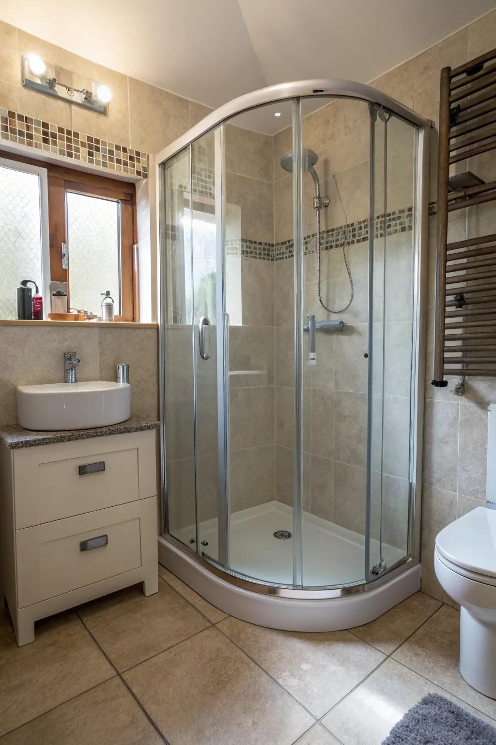 Arched frames add softness and flow to the bathroom design.