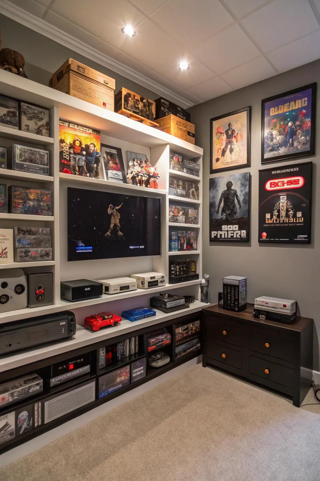 Shelving that is made to order is a stylish way to display gaming treasures.