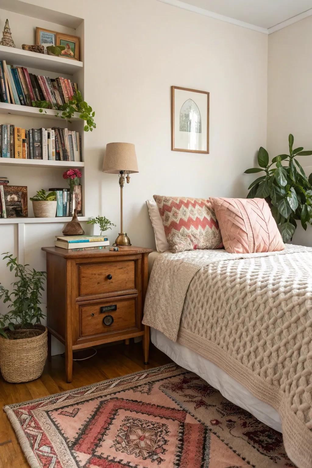 A compact bedroom that is more appealing thanks to texture.
