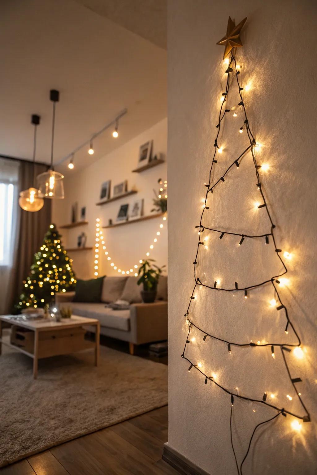 String lights form a tree shape, providing a festive focal point in the room.