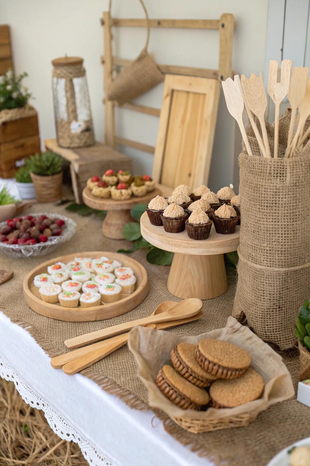 A rustic and eco-friendly dessert table configuration.