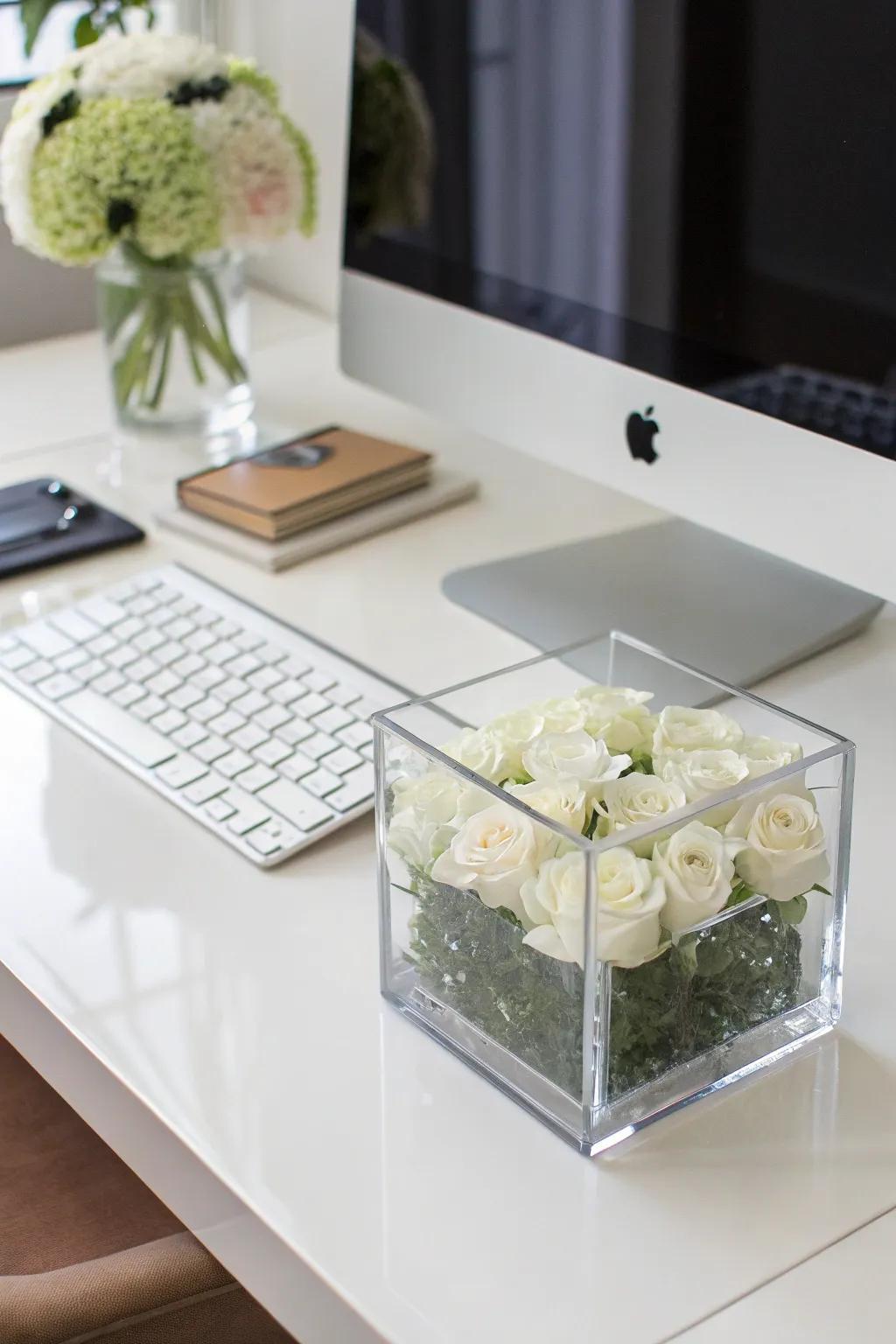 A minimalist cube vase incorporates a streamlined nuance into aesthetics.