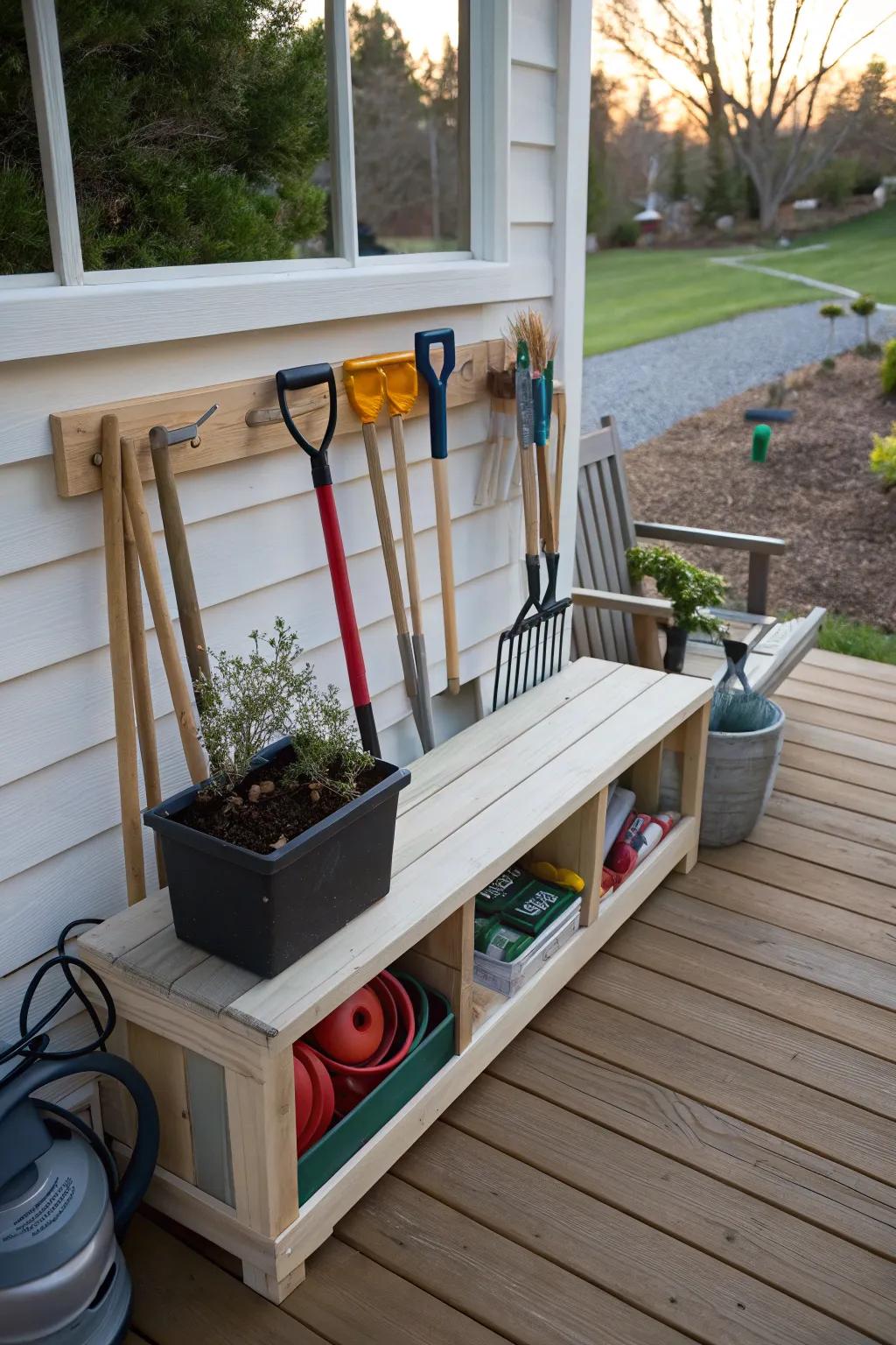A storage bench delivers seating and space-conserving storage.