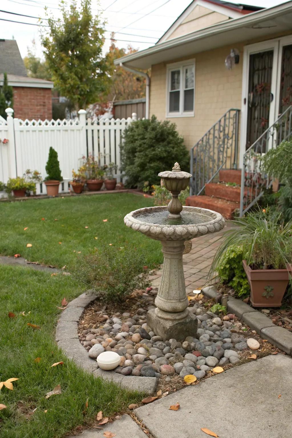 A birdbath brings tranquility and attracts local wildlife.