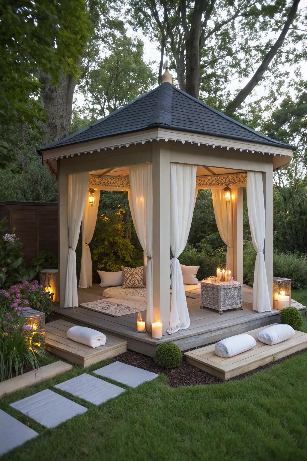 Locate peacefulness in a gazebo meditation area.