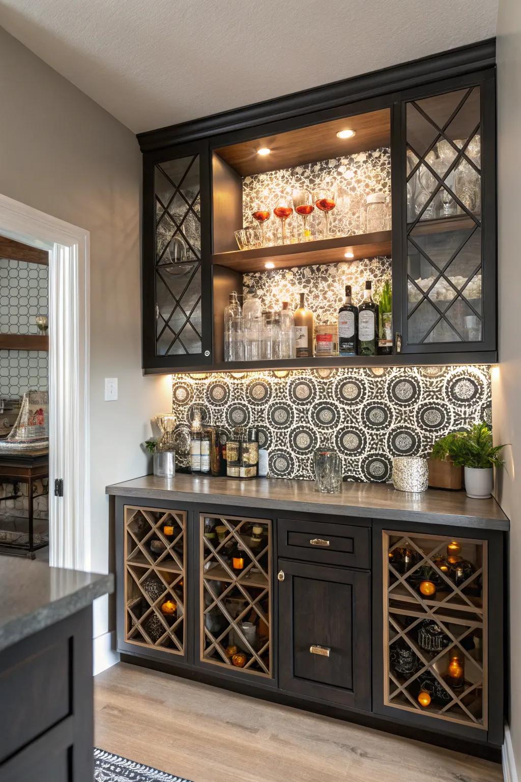 Geometric designs introduce a modern and vibrant feel to your home bar.