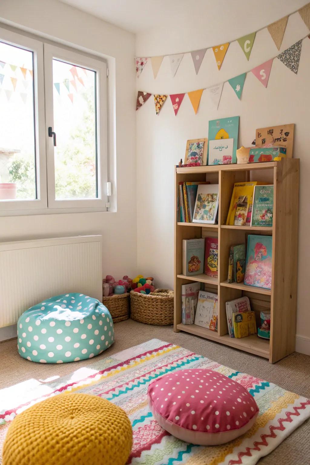 Floor seating offers a cozy corner for reading and play.