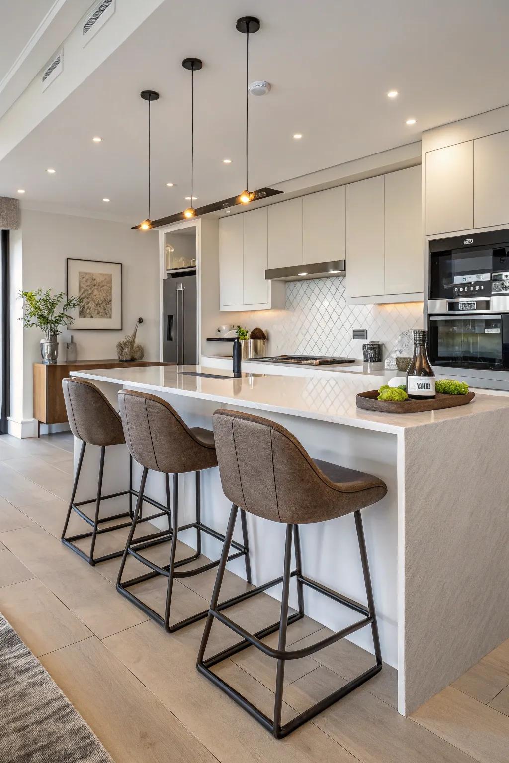 A breakfast bar that serves double duty as a dining area.